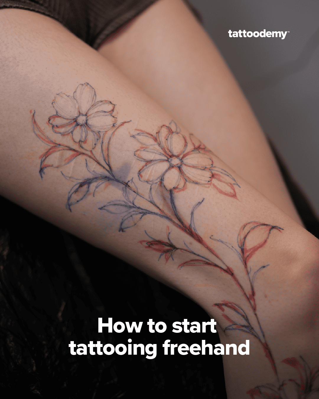 Freehand floral tattoo sketch drawn directly on leg